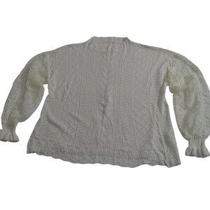 White Pointelle Lace Knit Mock Neck Sweater Women Size L Long Sleeve Viscose